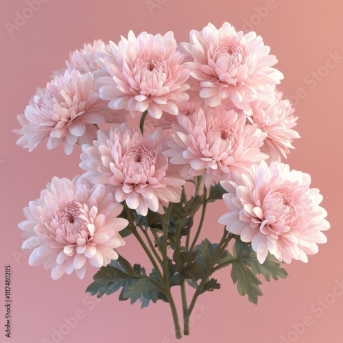 A modern bouquet of pink chrysanthemums rendered in 3D, isolated with soft lighting and negative space