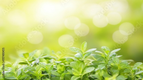 Fresh vibrant green leaves in soft focus, bokeh background.