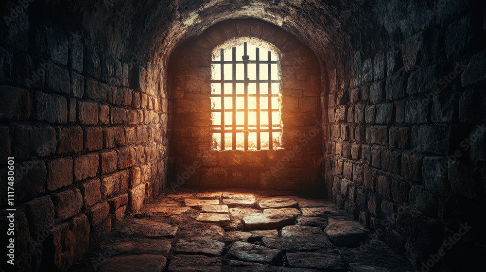 Gloomy stone-walled prison cell with barred window casting warm sunlight, illuminating rugged floor in a historic setting. Gloomy stone-walled prison cell with barred window casting warm sunlight, illuminating rugged floor in a historic setting.