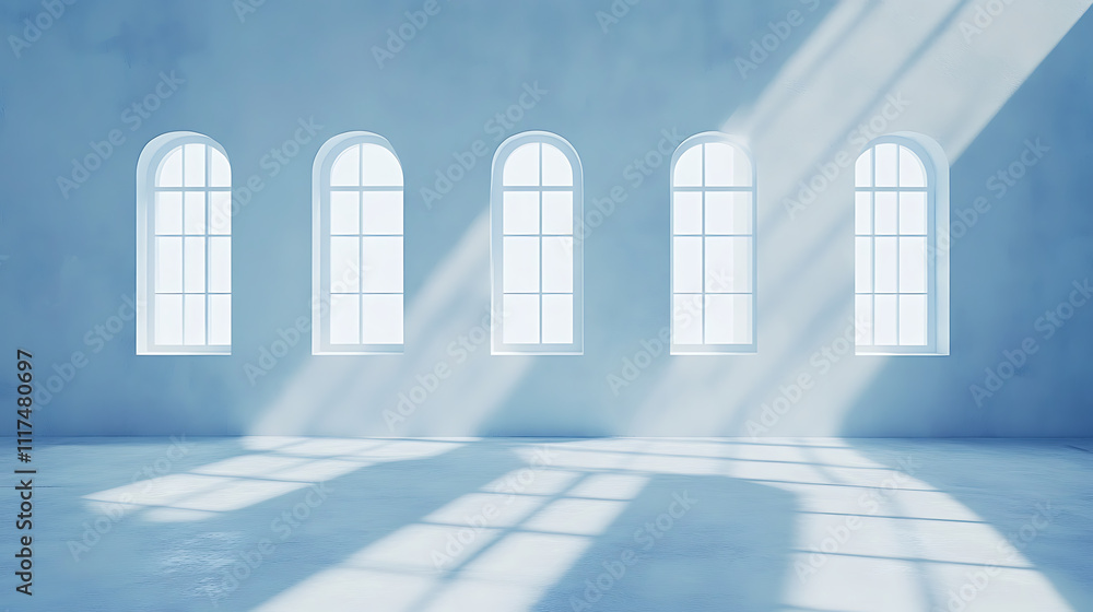 Obraz premium A spacious, minimalistic room featuring five elegant arched windows that softly illuminate the cool blue walls, creating a serene and calming atmosphere.