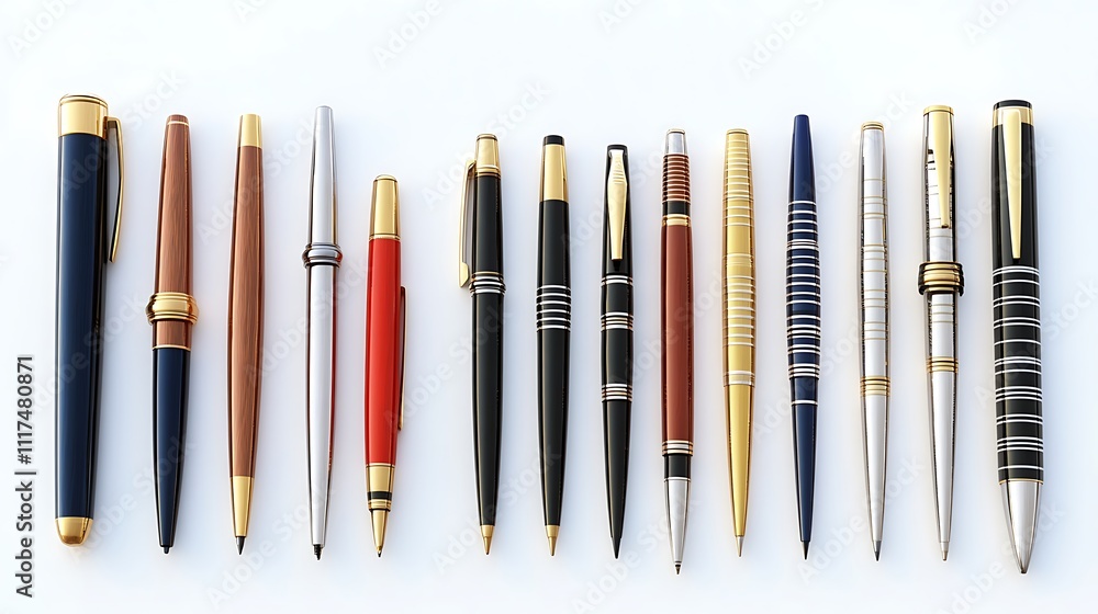 Row of Elegant Pens on White Background Row of Elegant Pens on White Background