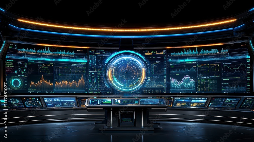 Futuristic Control Room Data Monitoring Analysis Technology Interface Futuristic Control Room Data Monitoring Analysis Technology Interface