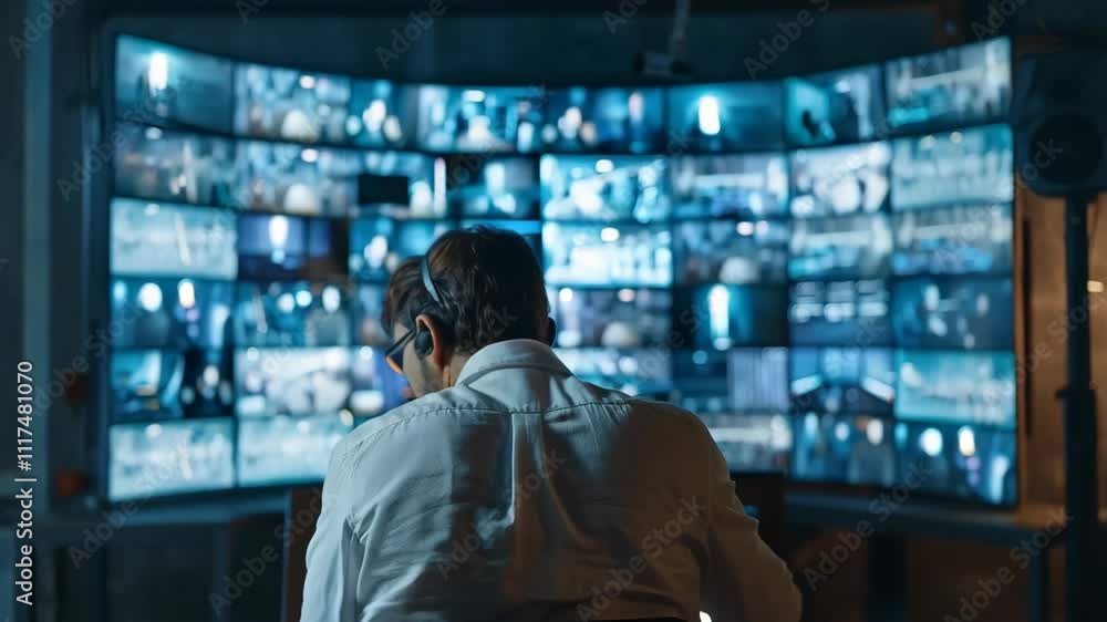 Back view of security guard in white shirt watching on cameras in monitor at night Back view of security guard in white shirt watching on cameras in monitor at night