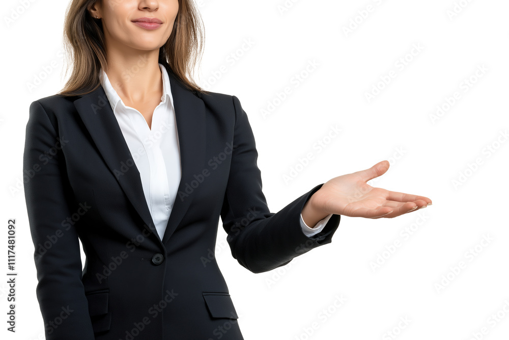 Businesswoman in a sleek black suit and white shirt gesturing with an open hand isolated on transparent background, symbolizing a welcoming or presenting gesture Businesswoman in a sleek black suit and white shirt gesturing with an open hand isolated on transparent background, symbolizing a welcoming or presenting gesture