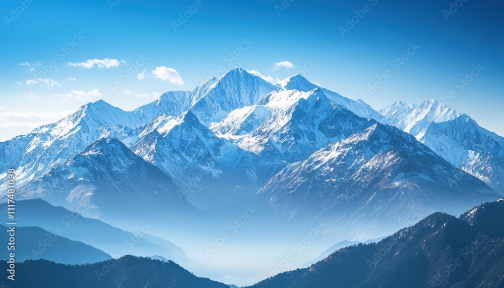 Obraz premium Majestic snow-capped mountains under a clear blue sky, creating a serene landscape.