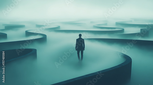 A lone figure in a suit stands amidst a surreal maze enveloped in mist, evoking feelings of solitude and introspection in a dreamlike landscape. photo