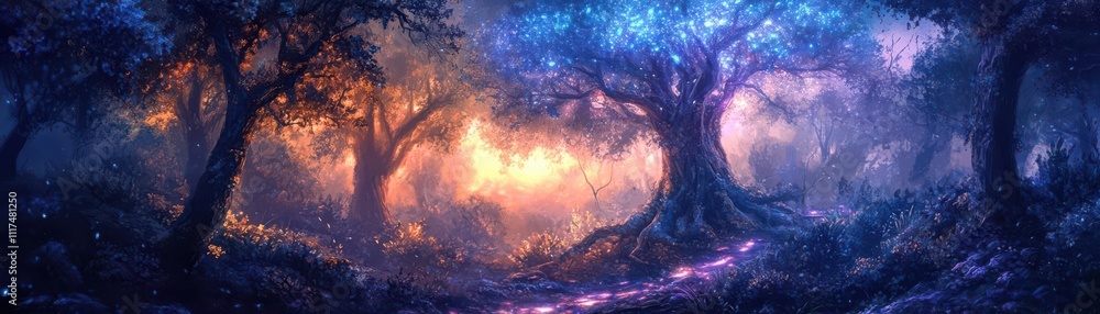 Paint a scene of a mystical forest with radiant fiber optic trees, captivating a persons wonder Futuristic, Psychedelic, Detailed Paint a scene of a mystical forest with radiant fiber optic trees, captivating a persons wonder Futuristic, Psychedelic, Detailed