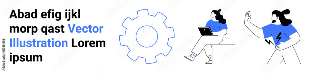 Cogwheel, person sitting with laptop, another character with raised hand and lightning bolts, paragraphs of text. Ideal for technology, innovation, teamwork, learning, presentations, web design Cogwheel, person sitting with laptop, another character with raised hand and lightning bolts, paragraphs of text. Ideal for technology, innovation, teamwork, learning, presentations, web design