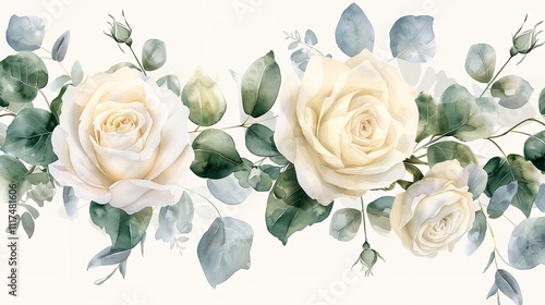 A white roses with green leaves on a white background, a delicate and simple floral arrangement.