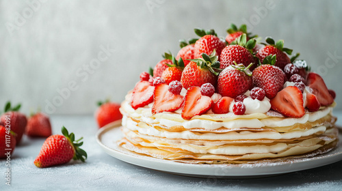 Indulge in a beautifully crafted strawberry mille-crêpes cake adorned with fresh fruit on a delicate plate. Generative AI