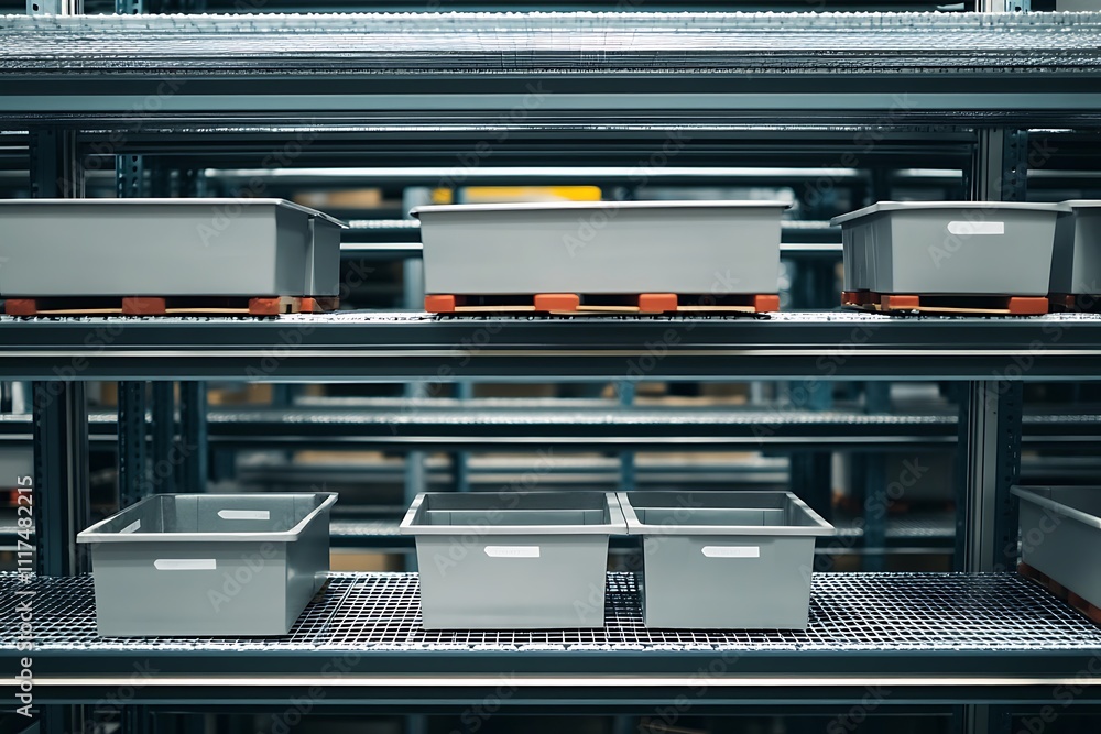 plastic boxes in the cells of the automated warehouse. Metal construction warehouse shelving plastic boxes in the cells of the automated warehouse. Metal construction warehouse shelving