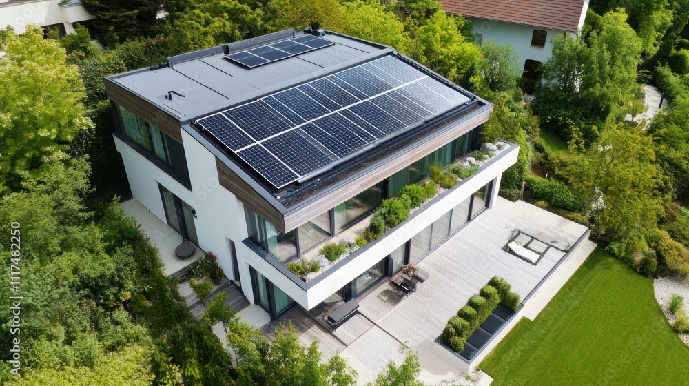 A modern villa with integrated solar solutions, surrounded by an eco-friendly garden, representing luxury and sustainability A modern villa with integrated solar solutions, surrounded by an eco-friendly garden, representing luxury and sustainability