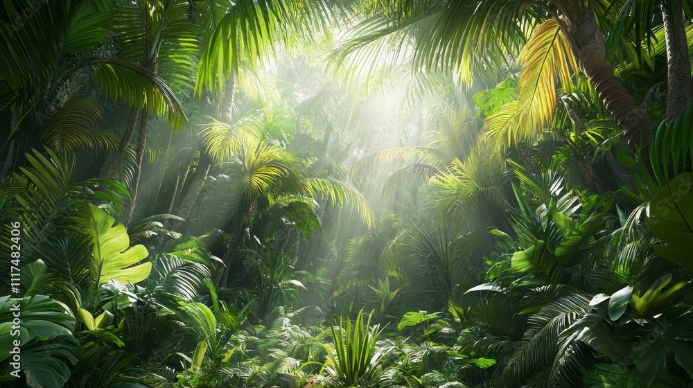 Naklejka premium Lush Tropical Rainforest Sunlight Beams Jungle Nature Background