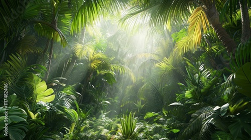 Lush Tropical Rainforest Sunlight Beams Jungle Nature Background