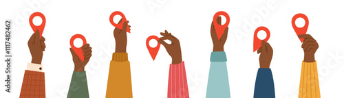 Set of human hands raised up with travel pins isolated on white. Travel point of destination. Flat style illustration.