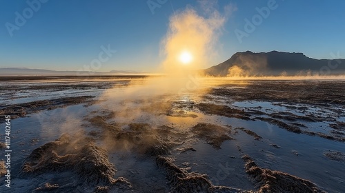 Geothermal Landscape Sunrise Misty Hot Springs Mountain Scenery