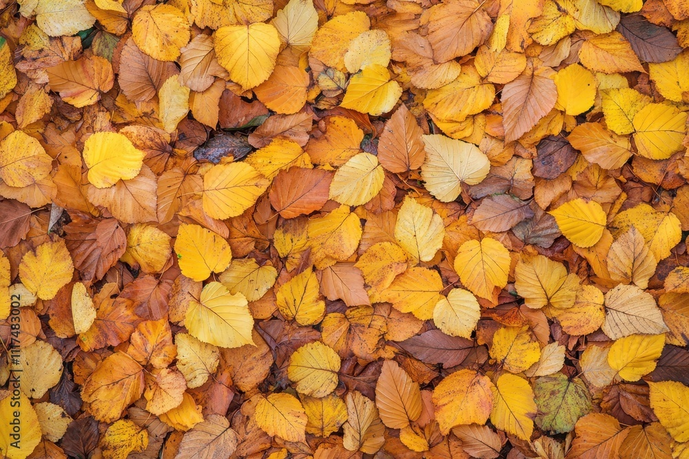 A vibrant carpet of autumn leaves in shades of yellow and brown covering the ground. A vibrant carpet of autumn leaves in shades of yellow and brown covering the ground.
