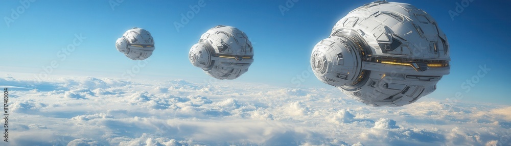 Three futuristic spacecraft glide through a clear blue sky, surrounded by fluffy clouds, showcasing advanced technology and exploration themes. Three futuristic spacecraft glide through a clear blue sky, surrounded by fluffy clouds, showcasing advanced technology and exploration themes.