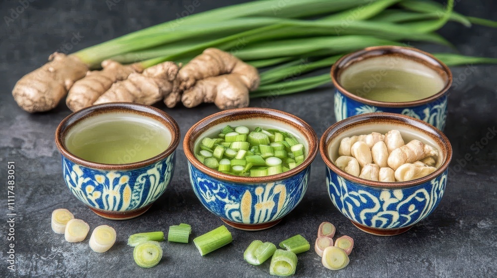 Freshly prepared herbal tea with ginger, lemongrass, and scallions. Freshly prepared herbal tea with ginger, lemongrass, and scallions.