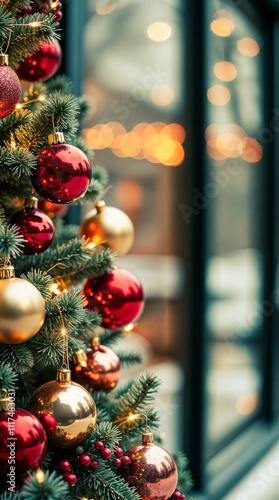 ornamented evergreen tree with red gold decorations photo