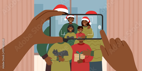 Person taking a photo of family in Santa hats. Christmas celebration and family concept. Hands with phone camera. Vector template.