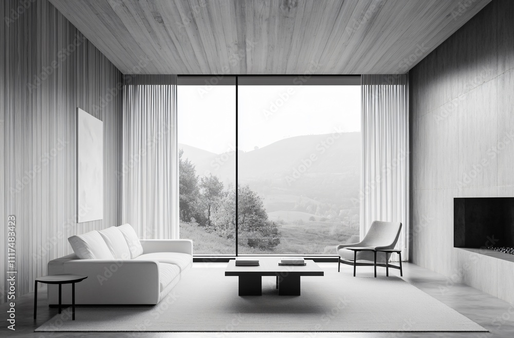 Fototapeta premium Modern and minimalist living room design with a comfortable, youthful vibe, featuring a sleek gray and white color scheme, creating a clean and stylish environment perfect for contemporary living.
