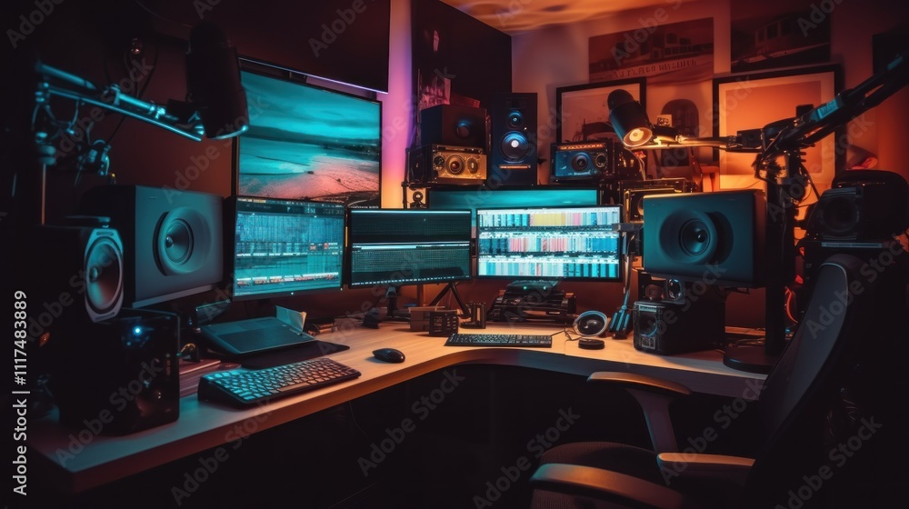 Home Studio Setup with Multiple Monitors and Speakers Home Studio Setup with Multiple Monitors and Speakers