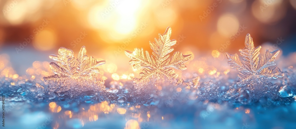 Three snowflakes on snow at sunset. Three snowflakes on snow at sunset.