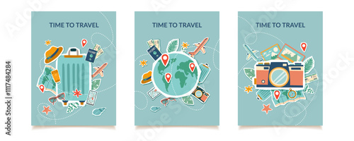 Set of travel concept cards with travel elements. Travel collages. Travel and vacation concept posters. Stickers.