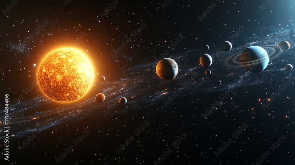 Realistic portrayal of the entire solar system featuring planets and the sun in vivid detail