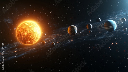 Obraz na płótnie Realistic portrayal of the entire solar system featuring planets and the sun in vivid detail w salonie