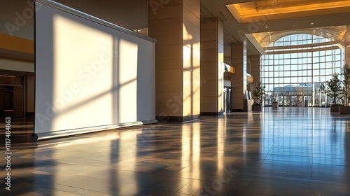 Empty Lobby with Large Windows and a Projection Screen