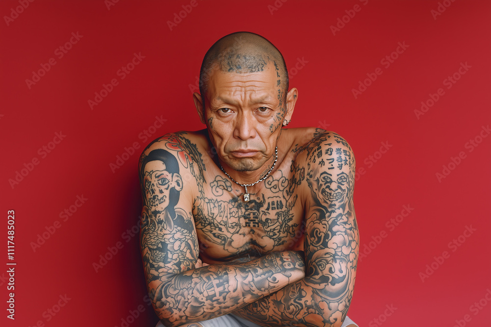 Portrait of a yakuza member showcasing intricate tattoos against a vibrant red backdrop, emphasizing strength and tradition in contemporary Japanese culture Portrait of a yakuza member showcasing intricate tattoos against a vibrant red backdrop, emphasizing strength and tradition in contemporary Japanese culture