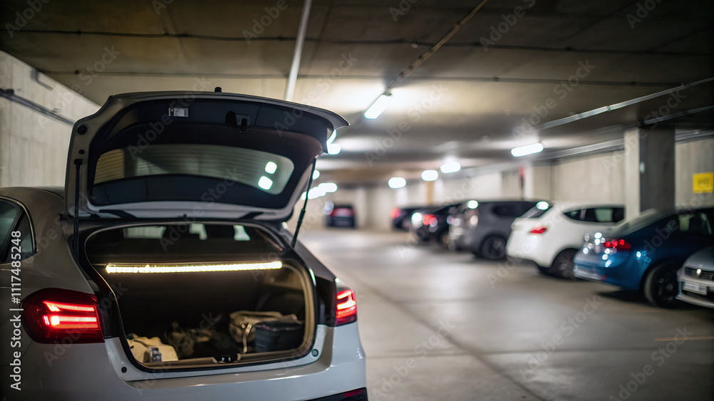 Underground parking, focus on the open trunk of one of the cars Underground parking, focus on the open trunk of one of the cars