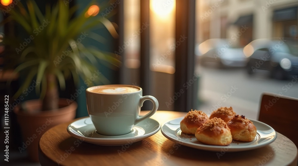 Fototapeta premium Cozy Cafe Corner with Latte and Pastries