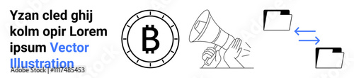 Bitcoin symbol inside a clock-thumbs up border, megaphone for marketing, and file transfer arrows between two folders. Ideal for financial technology, marketing, communication, file sharing