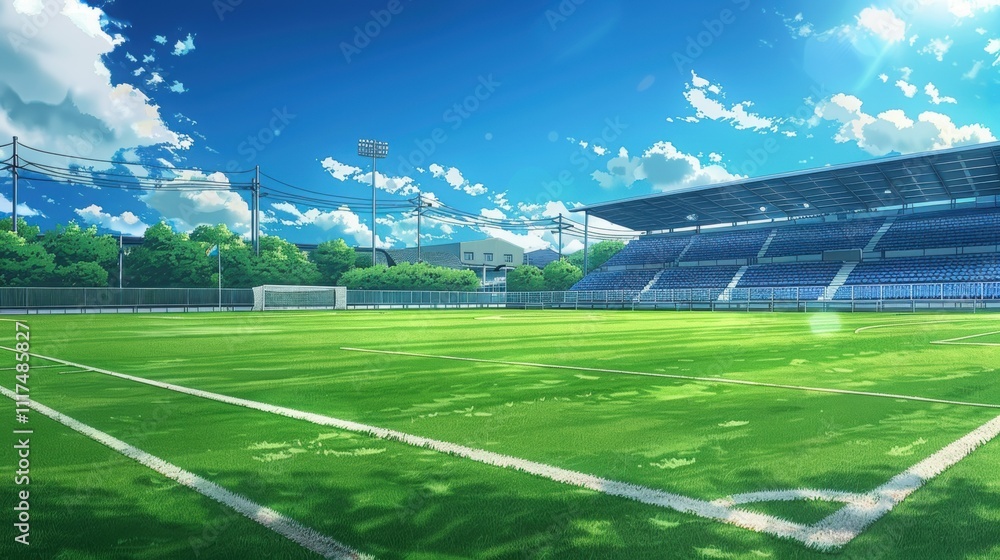 Fototapeta premium A vibrant soccer field under a bright sky, ready for a game.