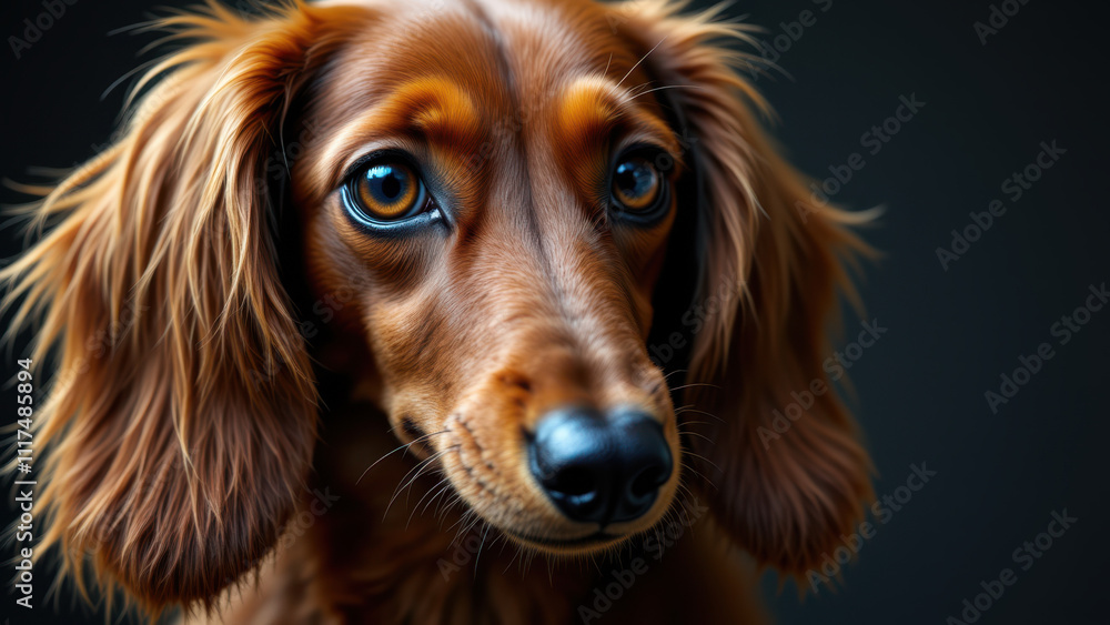 A close-up photo of a long-haired brown dachshund with striking eyes looking off to the side. A close-up photo of a long-haired brown dachshund with striking eyes looking off to the side.