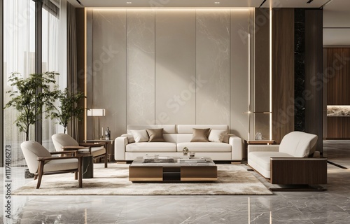 Modern interior design featuring warm color tones, creating a cozy and inviting atmosphere, perfect for residential or commercial spaces, combining comfort and contemporary style.