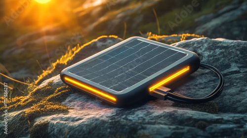 a portable solar charging hub for small gadgets, compact and rugged designs, glowing indicators, and clean energy-efficient setups