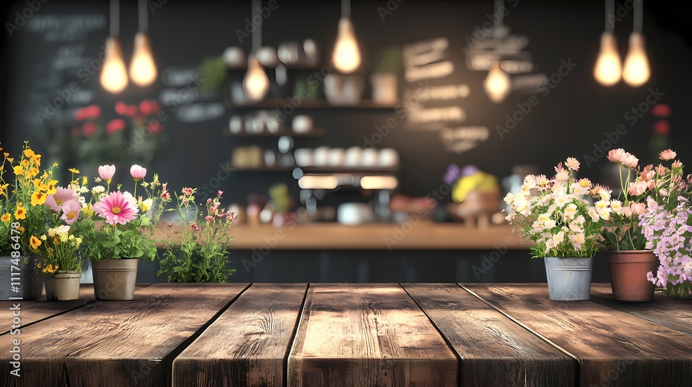 Bright and Colorful Flower Pots on Rustic Wooden Table with Warm Cafe Atmosphere and Soft Lighting Creating a Cozy Workspace Environment Bright and Colorful Flower Pots on Rustic Wooden Table with Warm Cafe Atmosphere and Soft Lighting Creating a Cozy Workspace Environment