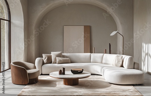 Modern interior design featuring warm color tones, creating a cozy and inviting atmosphere, perfect for residential or commercial spaces, combining comfort and contemporary style.