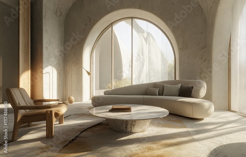 Modern interior design featuring warm color tones, creating a cozy and inviting atmosphere, perfect for residential or commercial spaces, combining comfort and contemporary style.