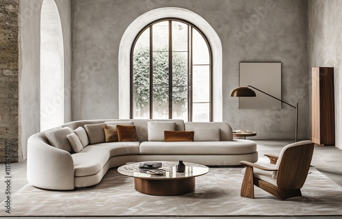 Modern interior design featuring warm color tones, creating a cozy and inviting atmosphere, perfect for residential or commercial spaces, combining comfort and contemporary style.