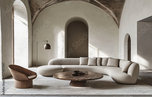 Modern interior design featuring warm color tones, creating a cozy and inviting atmosphere, perfect for residential or commercial spaces, combining comfort and contemporary style.