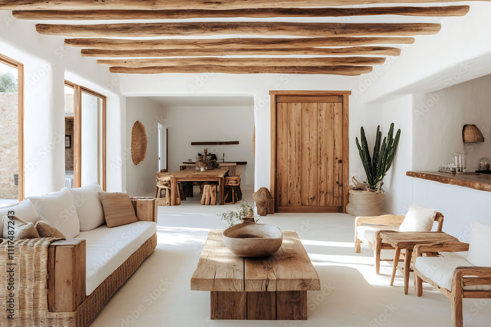 Spacious room with a wooden sofa set matching armchairs a rectangular coffee table and a fullsize wooden farm door creating a rustic atmosphere on a bright white background Spacious room with a wooden sofa set matching armchairs a rectangular coffee table and a fullsize wooden farm door creating a rustic atmosphere on a bright white background