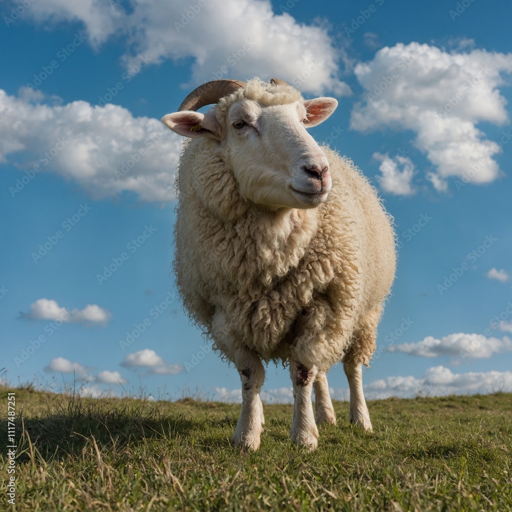 A white sheep grazing under a soft blue sky. A white sheep grazing under a soft blue sky.