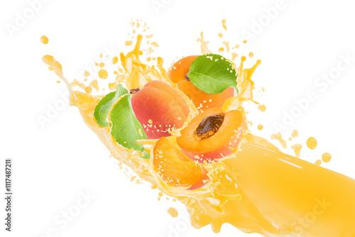 Flow of apricot juice with apricot pieces, green leaves, drops, splashes levitate on white background, isolated. Vitamin fruits, beverage for advertising, label product, branding, flyer, card, poster.