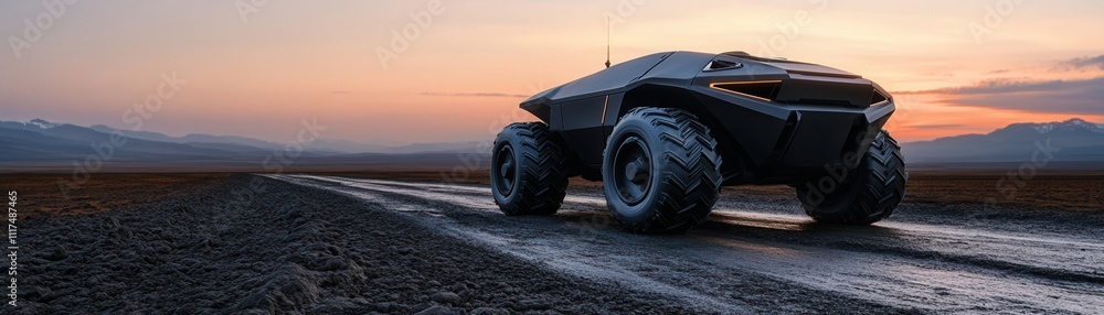 Naklejka premium A futuristic off-road vehicle is parked on a dirt path, with mountains and a colorful sunset in the background, showcasing rugged design and advanced technology.