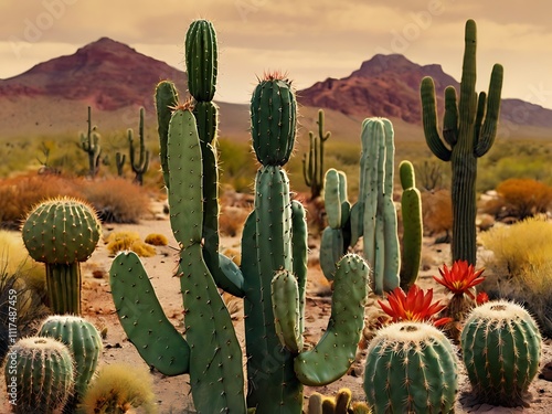 Desert Cactus Landscape With Mountain Background photo